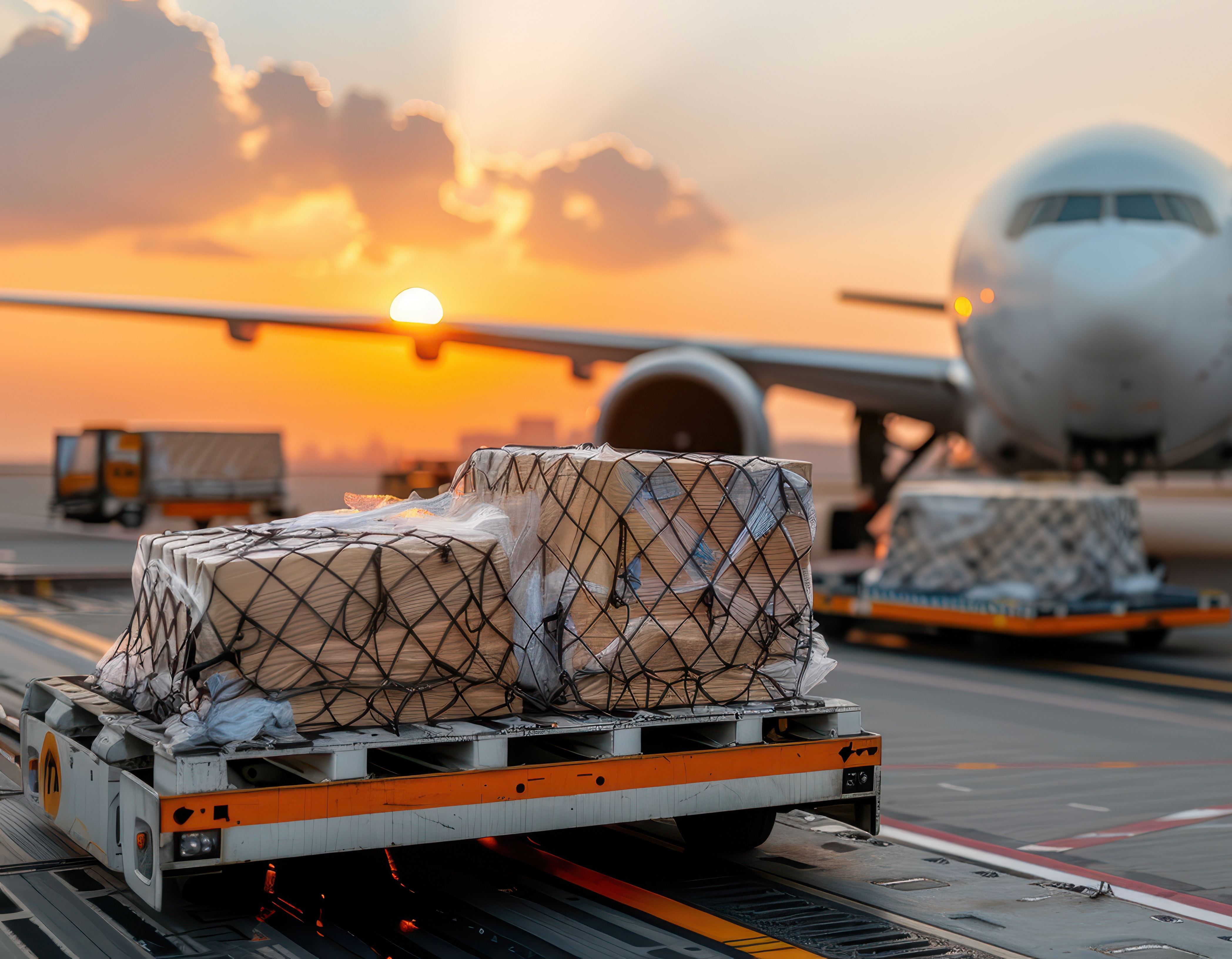 Interior of a modern, brightly lit airport hangar with a large cargo plane being loaded.
